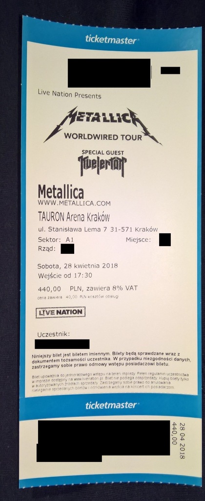 Metallica - Bilet na koncert Kraków Tauron Arena