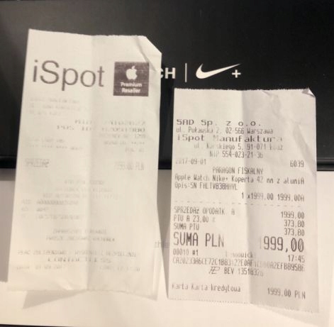 Apple Watch 2 Nike 42mm - Dowód zakupu