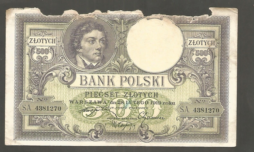 BANKNOT 500 zł. - 28 lutego 1919 rok ser SA.
