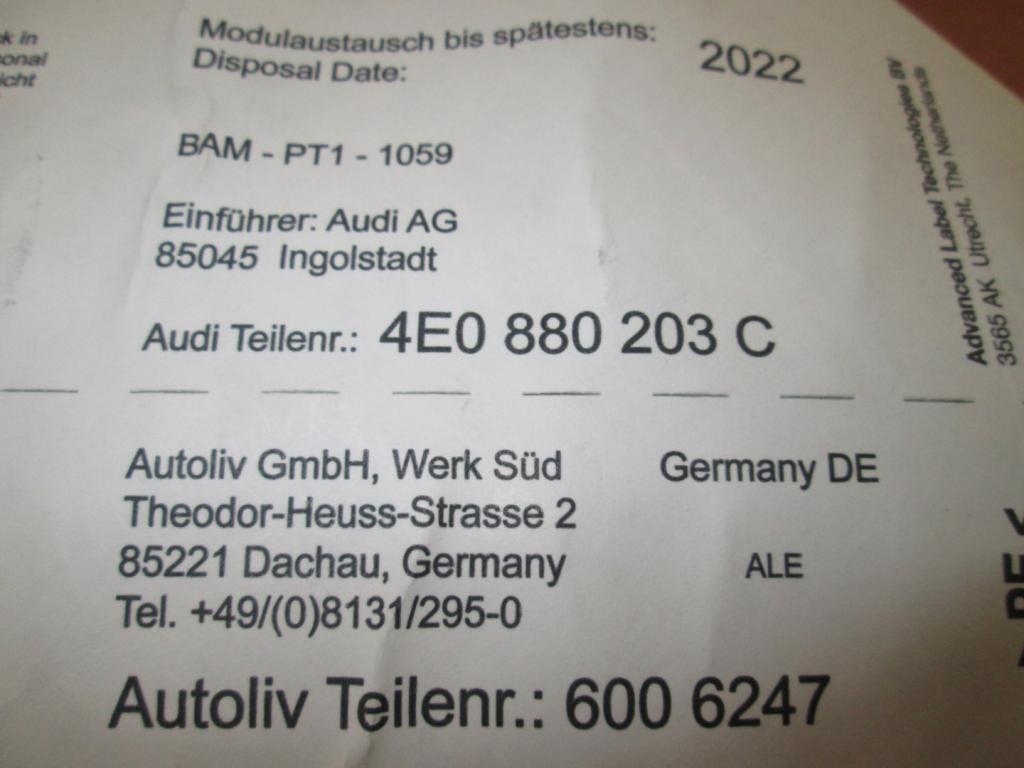 airbag passenger airbag Audi A8 4E0 lift 08r