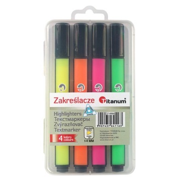 Zestaw ZAKREŚLACZY FLUORESCENCYJNYCH 4 kolory NEONOWE trójkątne TITANUM