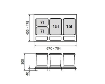 ВСТАВКА-СОРТЕР ДЛЯ МУСОРА PRAKTIKO 80 2X15 + 2X7 L