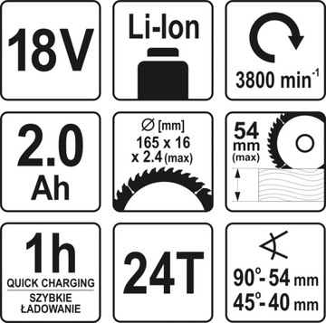 ЦИРКУЛЯРНАЯ ПИЛА YATO 18 В 165 ММ + АККУМУЛЯТОР 2,0 АЧ