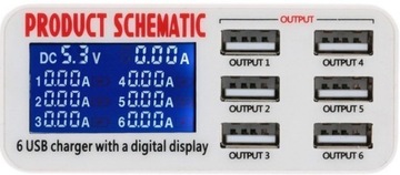 Ładowarka USB 30W, 6 wyjść, Pomiar wyświetlacz LCD