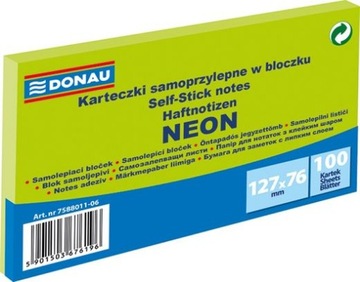 KARTECZKI SAMOPRZYLEPNE W BLOCZKU 127X76MM, 100 KARTEK, ZIELONE NEONOWE