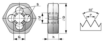 Матрица для труб G 5/8 дюйма шестигранная HSS DIN 382