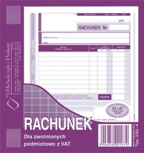 Rachunek A5 2/3 230-4 zwolnionych podmiotowo vat