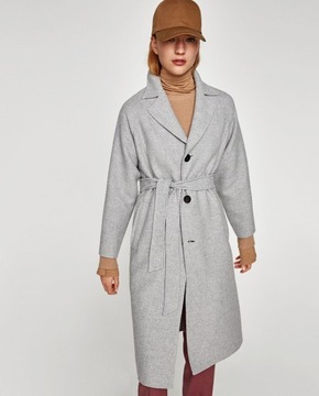 wełniany płaszcz z paskiem szary Zara XS 34