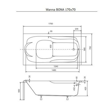 АКРИЛОВАЯ ВАННА 170Х70 + КОРПУС + СИФОН + НОЖКИ