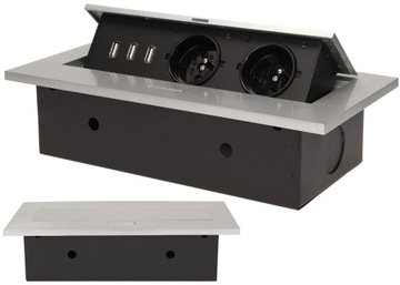 GNIAZDO CHOWANE WPUSZCZANE W BLAT 230V USB SREBRNE