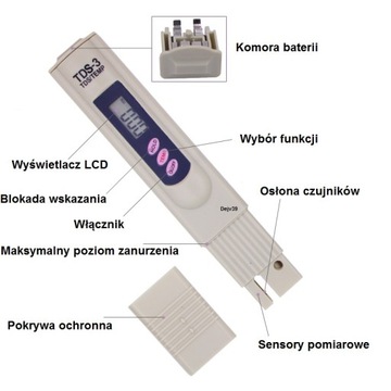 ТЕСТЕР ИЗМЕРИТЕЛЬ КАЧЕСТВА ВОДЫ ТЕРМОМЕТР + БАТАРЕИ