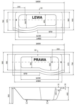 WANNA 160x70 INSPIRO Z PARAWAN/EM +OBUDOWA +SYFON