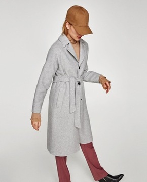 wełniany płaszcz z paskiem szary Zara XS 34
