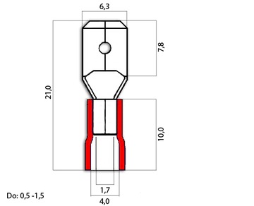 KONEKTOR MĘSKI 6,3 IZOLOWANY PŁASKI 10szt czerwony