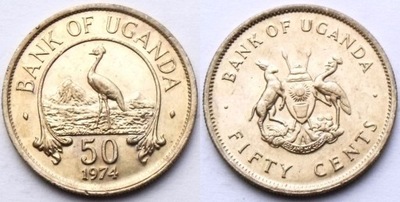 UGANDA 50 CENTS 1974 PTAK ŻURAW AUNC