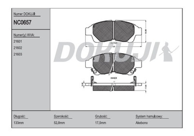 DOKUJI NC0657 PADS BRAKE FRONT TOYOTA COROLA VIII E11 GDB3300 - milautoparts-fr.ukrlive.com