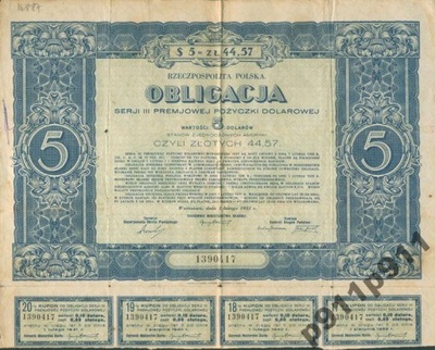 Obligacja serji III premjowej pożyczki 5$ 1931 rok