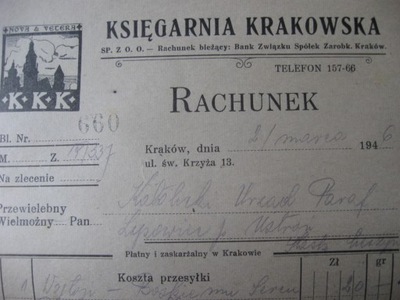 Kraków Księgarnia krakowska K.K.K. rachunek 1946