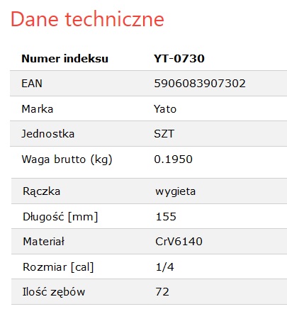 ИЗОГНУТАЯ ТРЕЩОТКА YATO 1/4