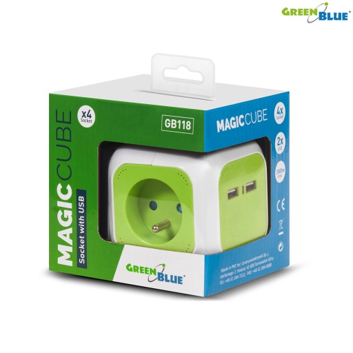 КАБЕЛЬ-УДЛИНИТЕЛЬ MAGIC CUBE 4 РОЗЕТКИ 2xUSB 1,4 м 3500 Вт ЗЕЛЕНЫЙ СИНИЙ GB118