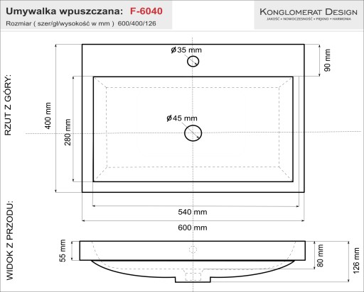 Эксклюзивная встраиваемая раковина FONDA 60x40. ПЛ