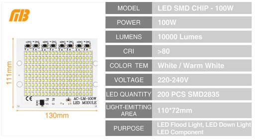 LED COB MODULE 100Вт SMD2835 холодный белый 230В