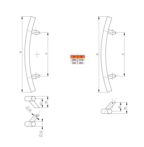 ручка-ручка дверная ручка INOX fi32mm300/519/45