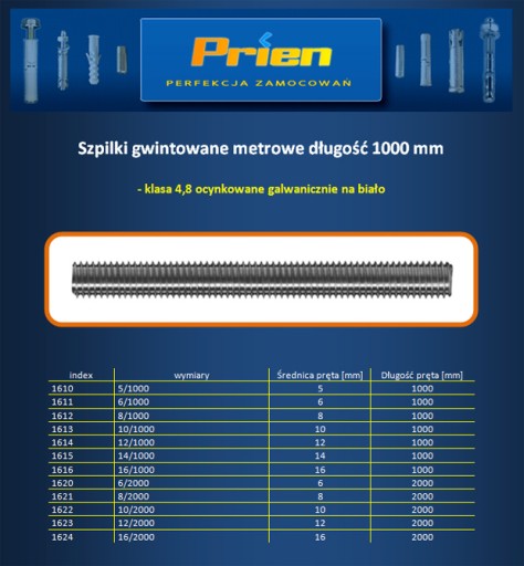 Pręt gwintowany M 16x1000mm ocynk kotwa chemiczna