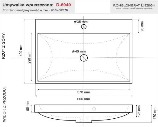 Umywalka 60 cm Wpuszczana w Blat Głęboka Misa