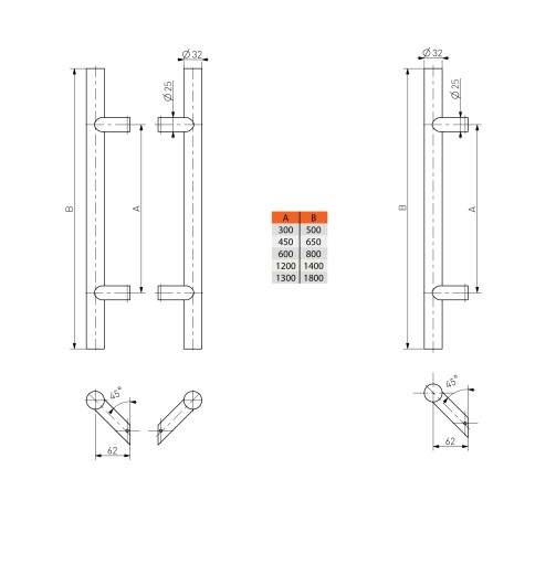 ручка-ручка дверная ручка INOX fi32mm1300/1800/9