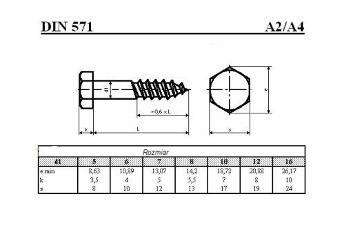 Шуруп по дереву из нержавеющей стали 8X60 din 571 A2 (10 шт.)