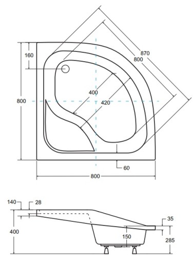 BESCO ГЛУБОКИЙ ДУШЕВОЙ ПОДДОН OLIVER I 80x80 24 DEEP + СИФОН