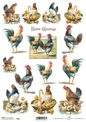 Papier ryżowy A4 14w1retro, kury, wieś, kogut decoupage, scrapbooking